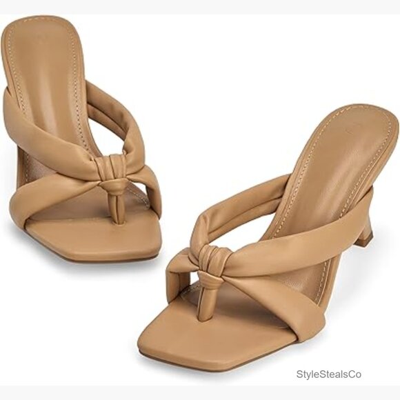 Shoes - Square Toe Thong Heels Mules 2.75 Inch Kitten Heel Sandals Party Dress